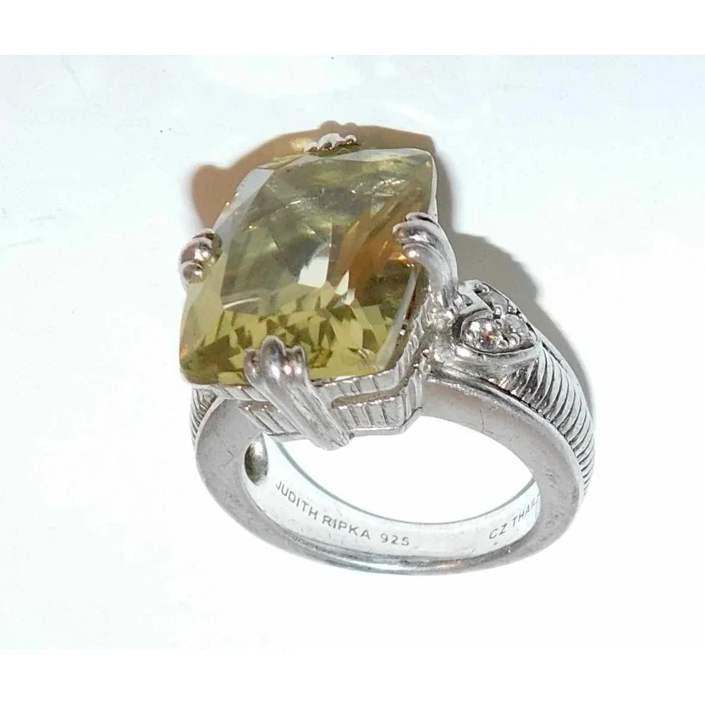 Judith Ripka .925 Sterling Silver Emerald Citrine Heart‎ Diamonique Ring Sz 6.25